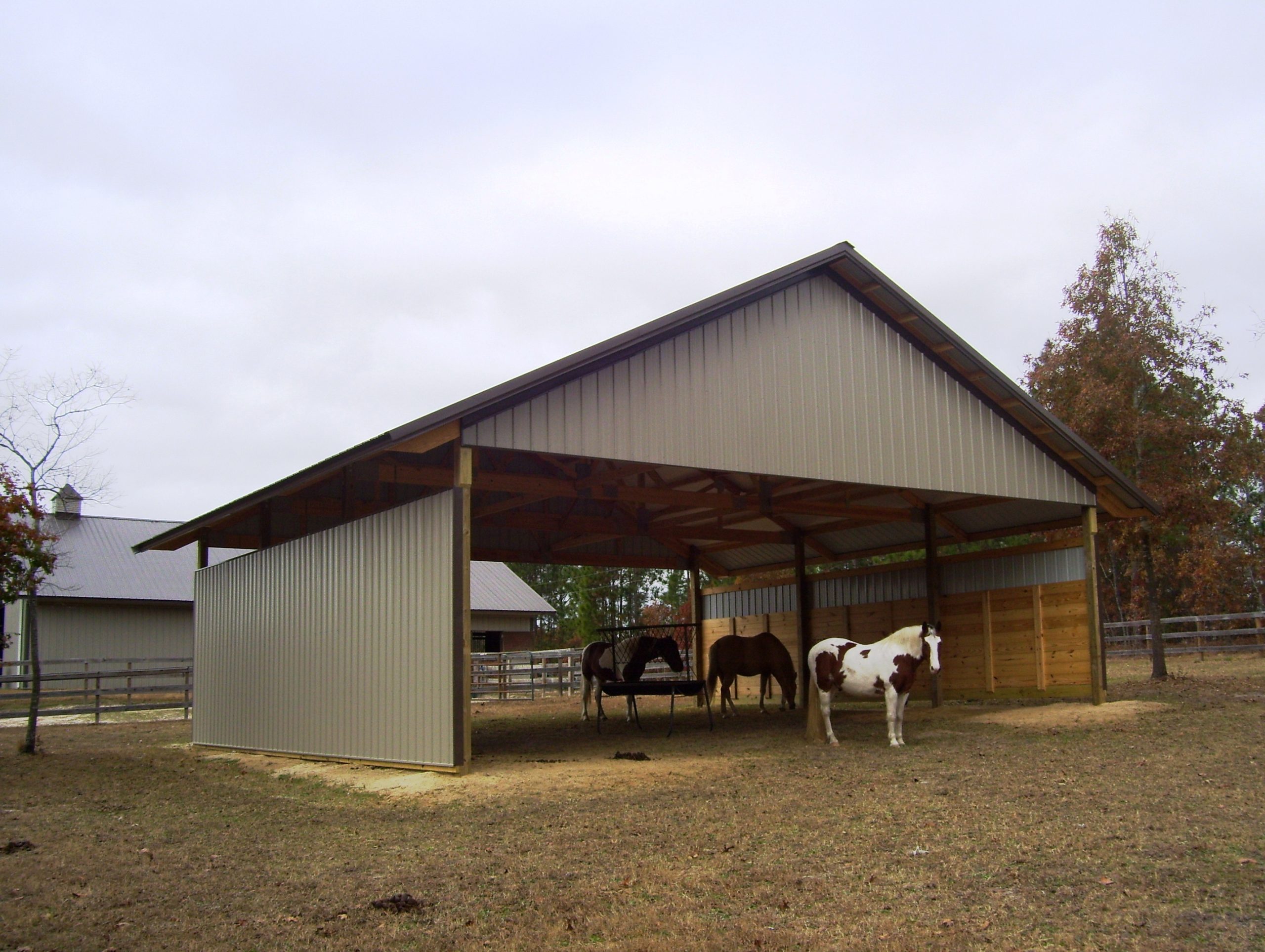 Open horse barn with horses grazing underneath